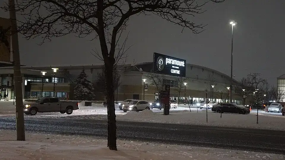 Mississauga Sports and Entertainment Centre at night, photographed under its former Paramount Fine Foods Centre name