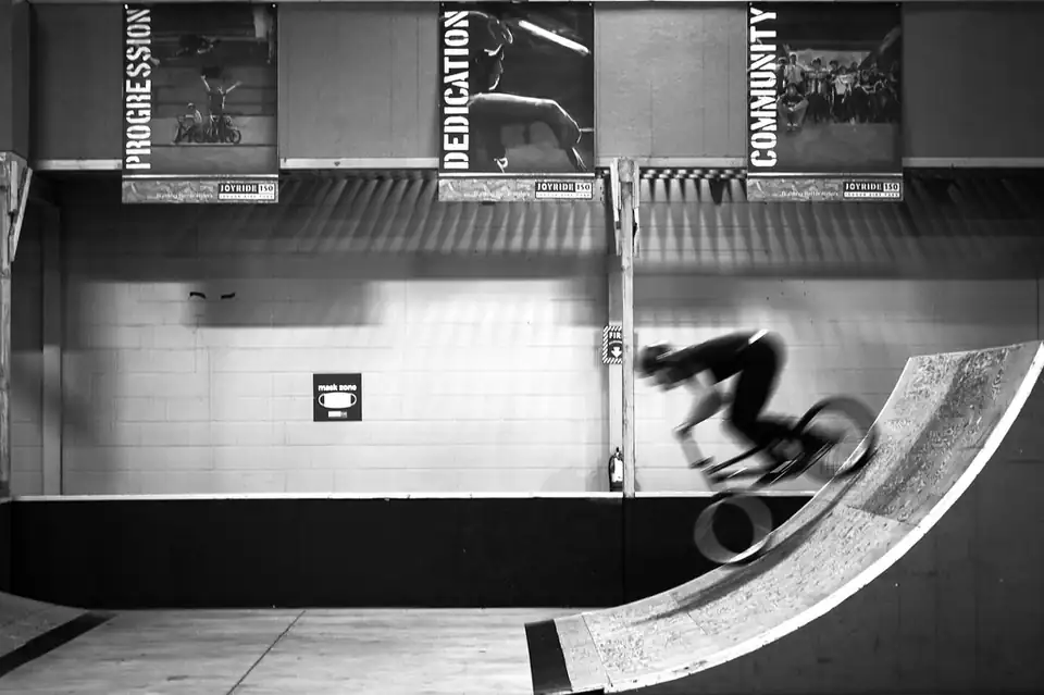 A BMX rider on an indoor ramp at Joyride150 in Markham, photographed July 2021