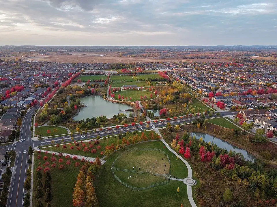 Aerial view of Berczy Park North and the surrounding Berczy neighbourhood, photographed in 2023